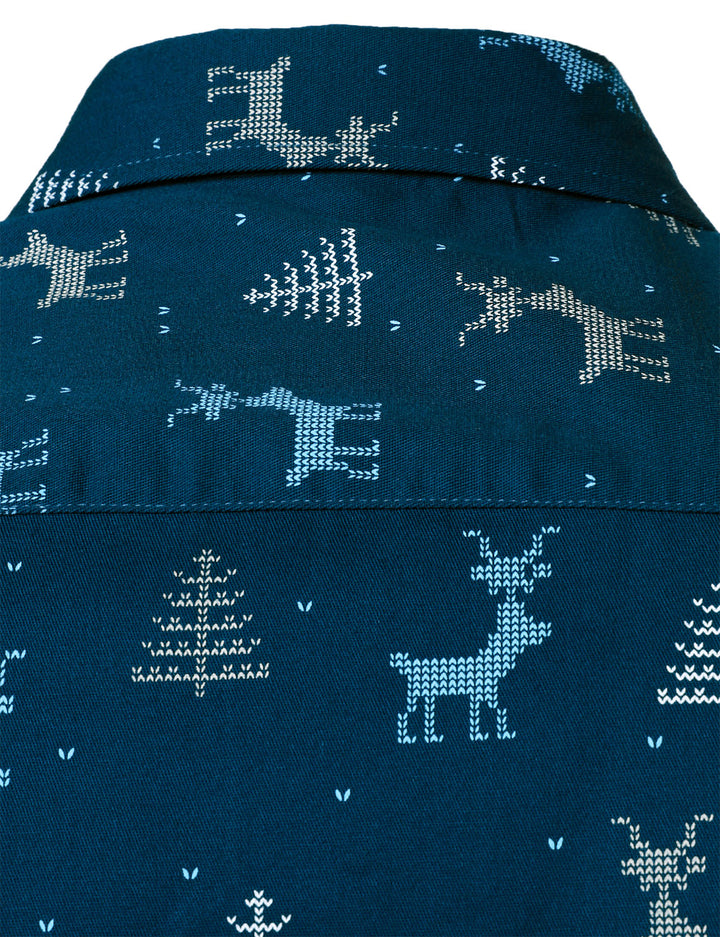 Rowan - Men's Christmas Tree Moose Print Breathable Navy Blue Long Sleeve Shirt