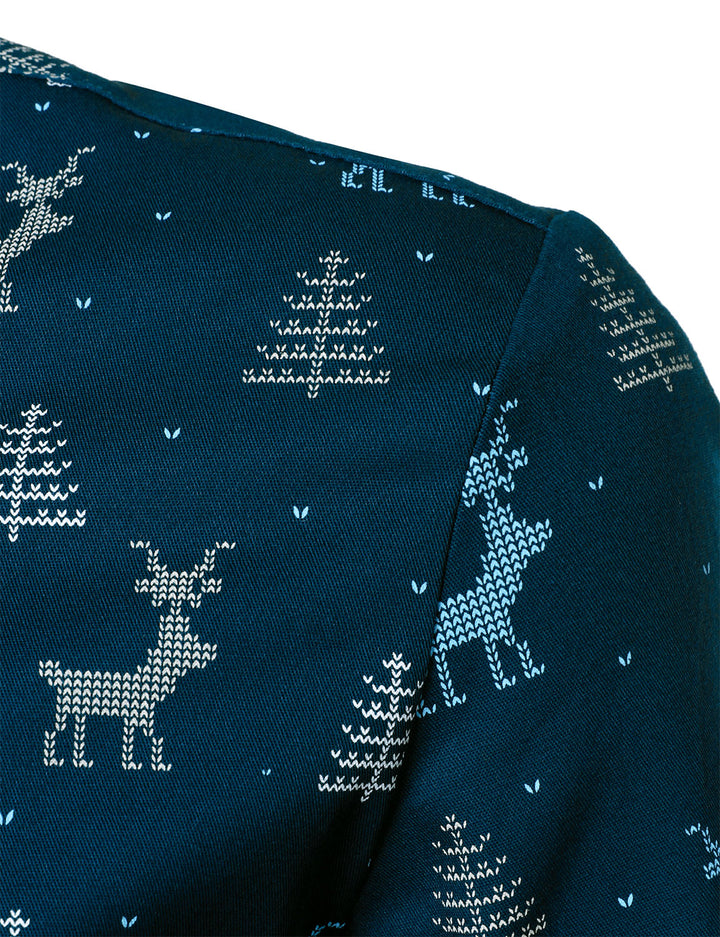 Rowan - Men's Christmas Tree Moose Print Breathable Navy Blue Long Sleeve Shirt