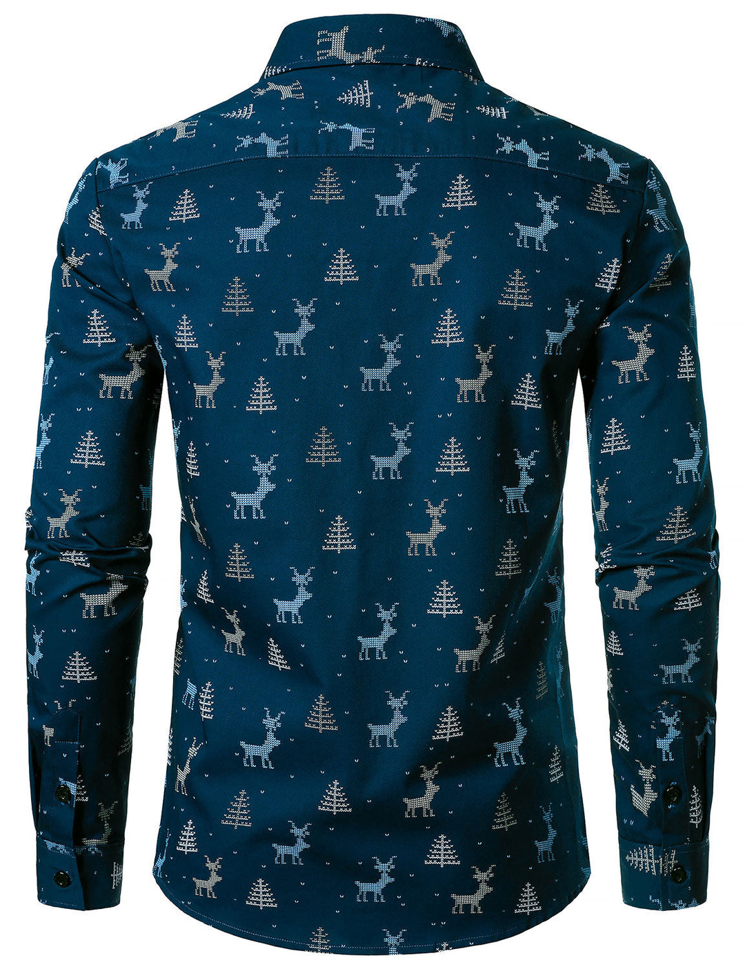 Rowan - Men's Christmas Tree Moose Print Breathable Navy Blue Long Sleeve Shirt