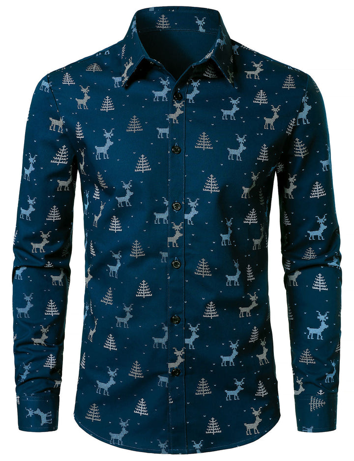 Rowan - Men's Christmas Tree Moose Print Breathable Navy Blue Long Sleeve Shirt