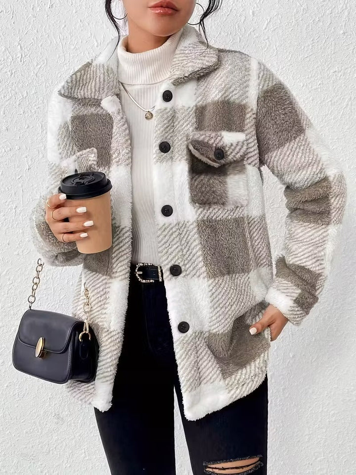 Sabria - Plaid Fleece Button Up Jacket