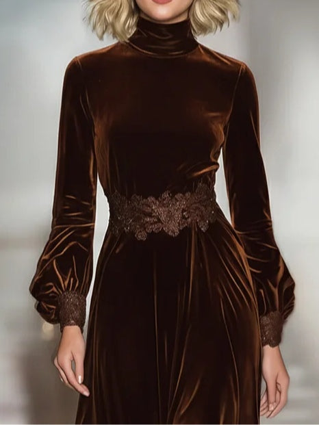 Yasna - Velvet Maxi Dresses with High Neck and Patchwork