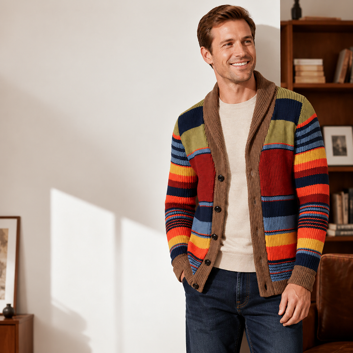 Nandth - Striped Shawl Collar Knit Cardigan
