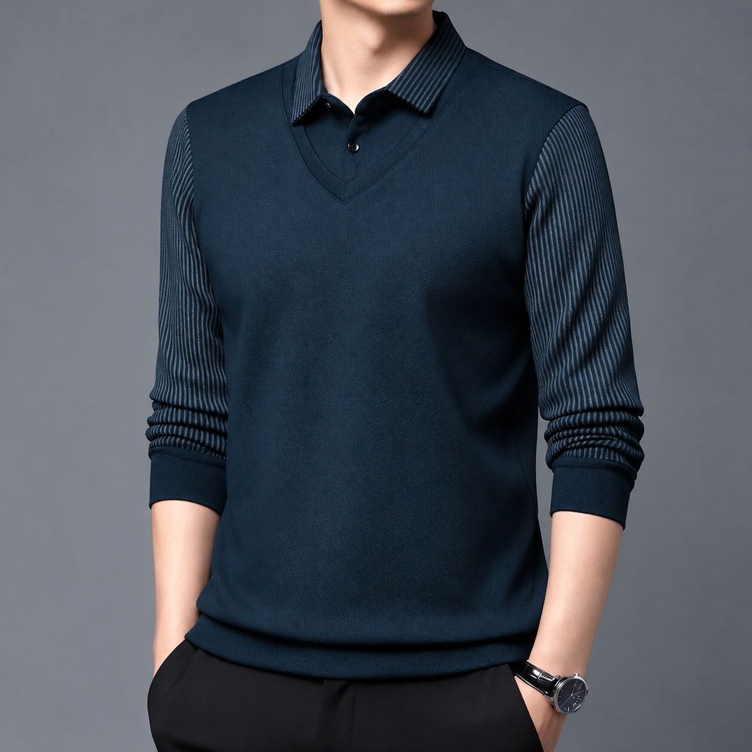Svevira - Striped Sleeve Sweater With Buttoned Shirt Collar