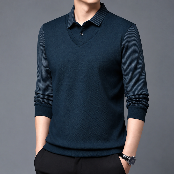 Svevira - Striped Sleeve Sweater With Buttoned Shirt Collar