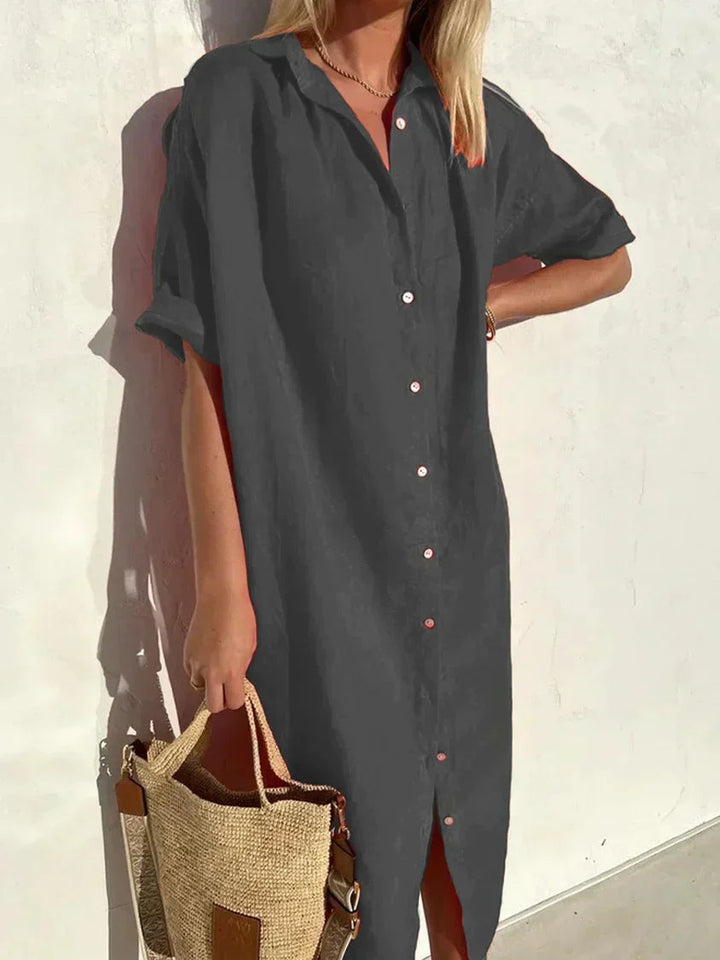 Janie - Elegant Button Closure And Linen Dress