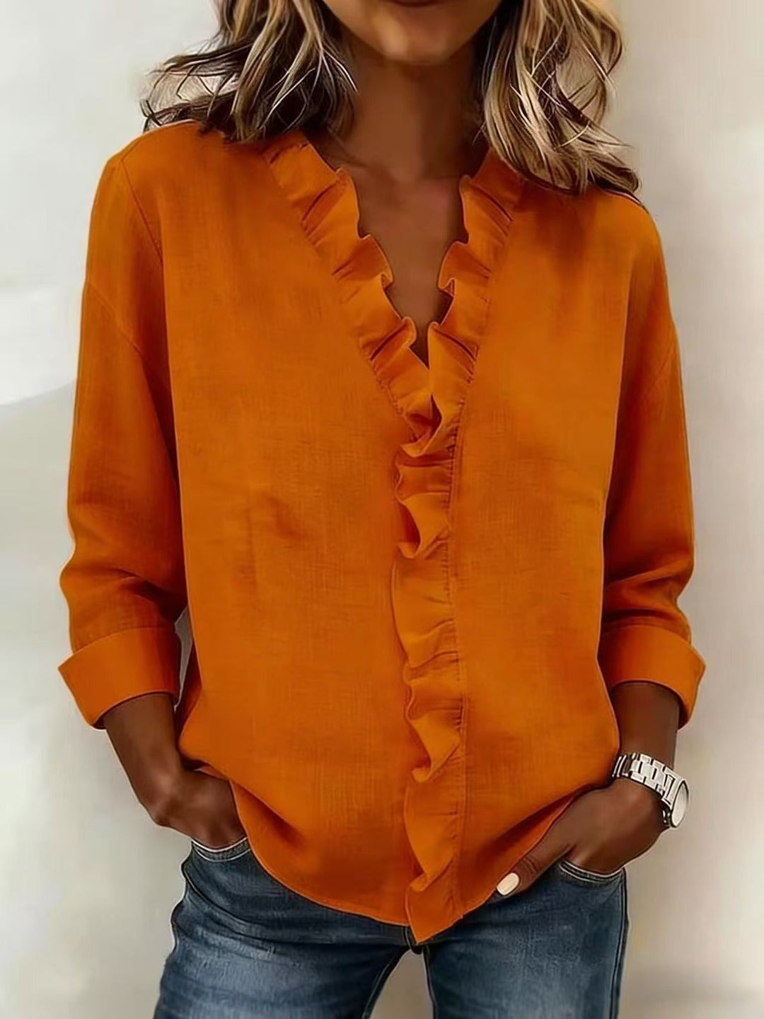 Pabasari - Stylish V-neck Blouse With Delicate Ruffles