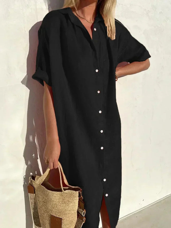 Janie - Elegant Button Closure And Linen Dress