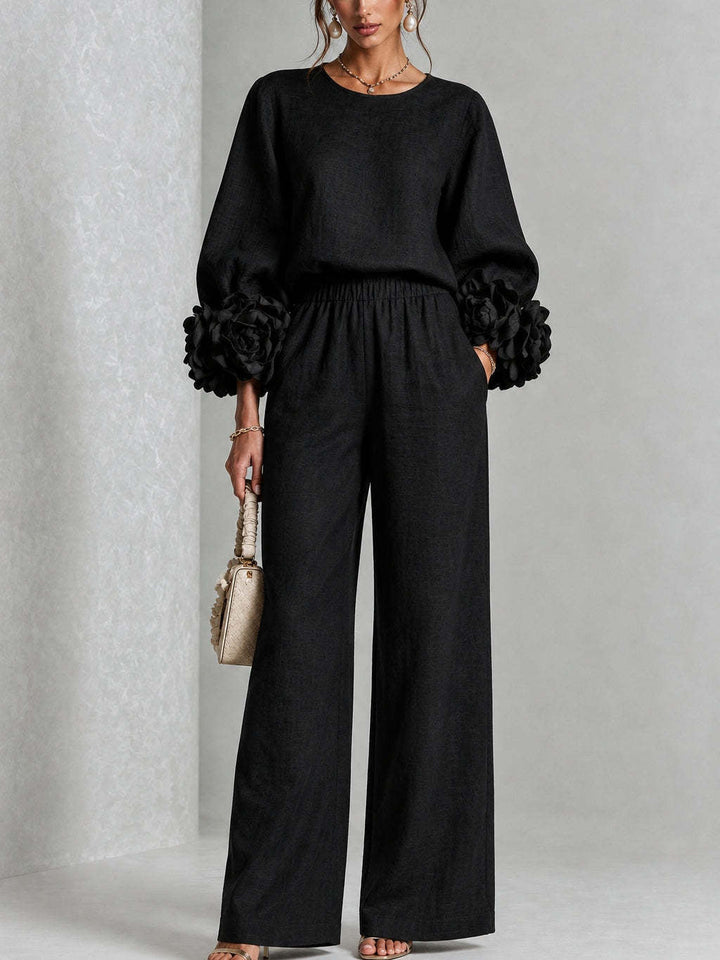Renaella - Top and Pants Set With Floral Cuffs