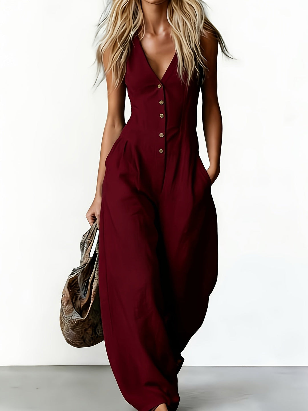 Suzanni - Elegant Sleeveless Wide-Leg Jumpsuit With V-Neck