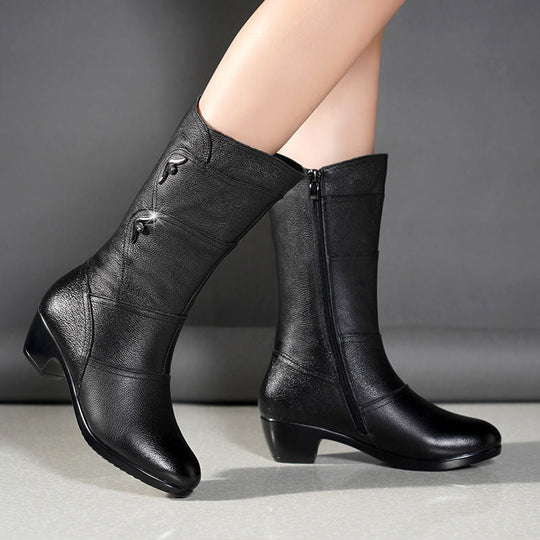 Dianina - Leather Boots with Low Block Heel And Decorative Acents