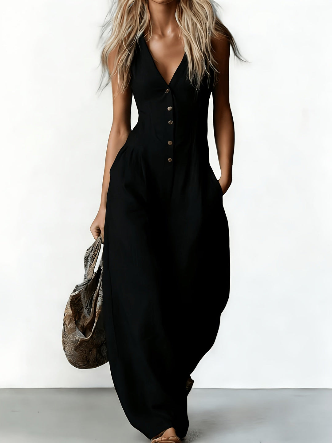Suzanni - Elegant Sleeveless Wide-Leg Jumpsuit With V-Neck