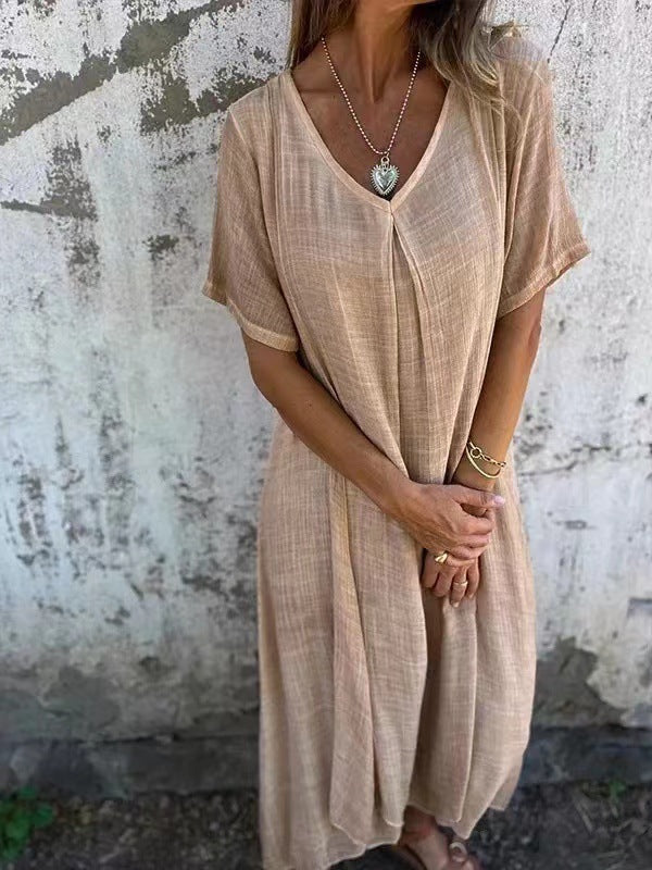 Naduni - Stylish V-Neck Cotton Linen Dress