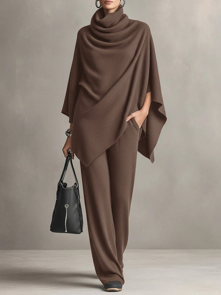 Laleh - Urban Casual Turtleneck Poncho And Pants Set