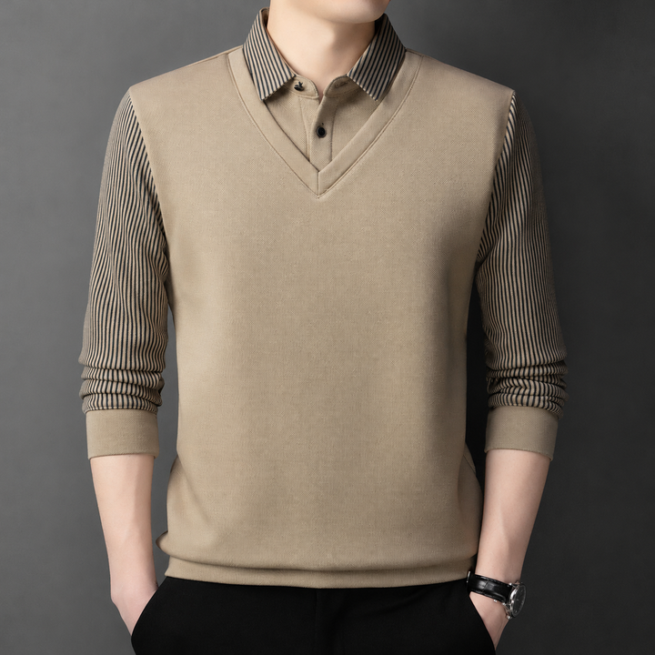 Svevira - Striped Sleeve Sweater With Buttoned Shirt Collar
