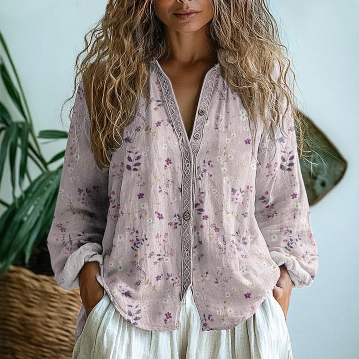 Ereinaa - Elegant Vintage Leaf Print Shirt