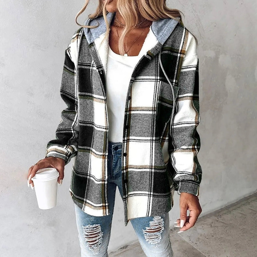 Liene - Hooded Checked Button Up Shirt Jacket