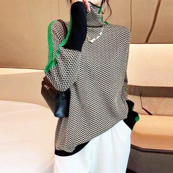Heidemarie – Mottled Turtleneck Sweater With Striking Contrast Stripe