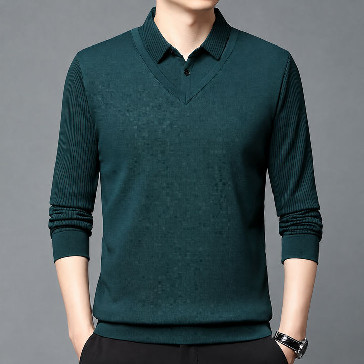 Svevira - Striped Sleeve Sweater With Buttoned Shirt Collar