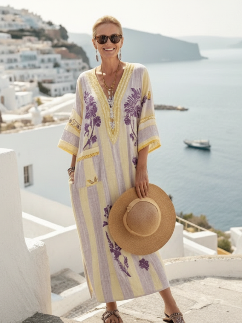 Feryana - Long Dress With V-Neck And Striped Floral Print