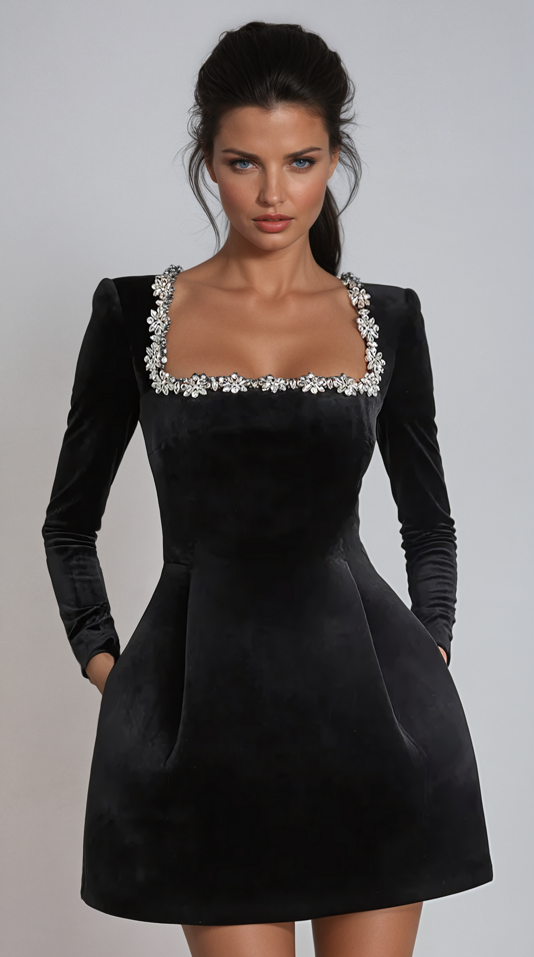 Kaseena - Square Neck Embellished Velvet Mini Dress