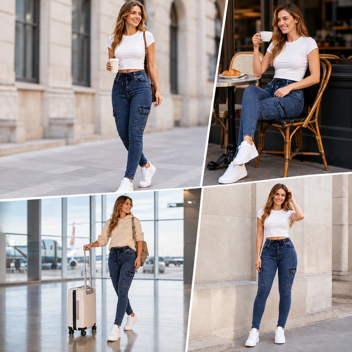 Petrea - High Waisted Strech Cargo Jeans