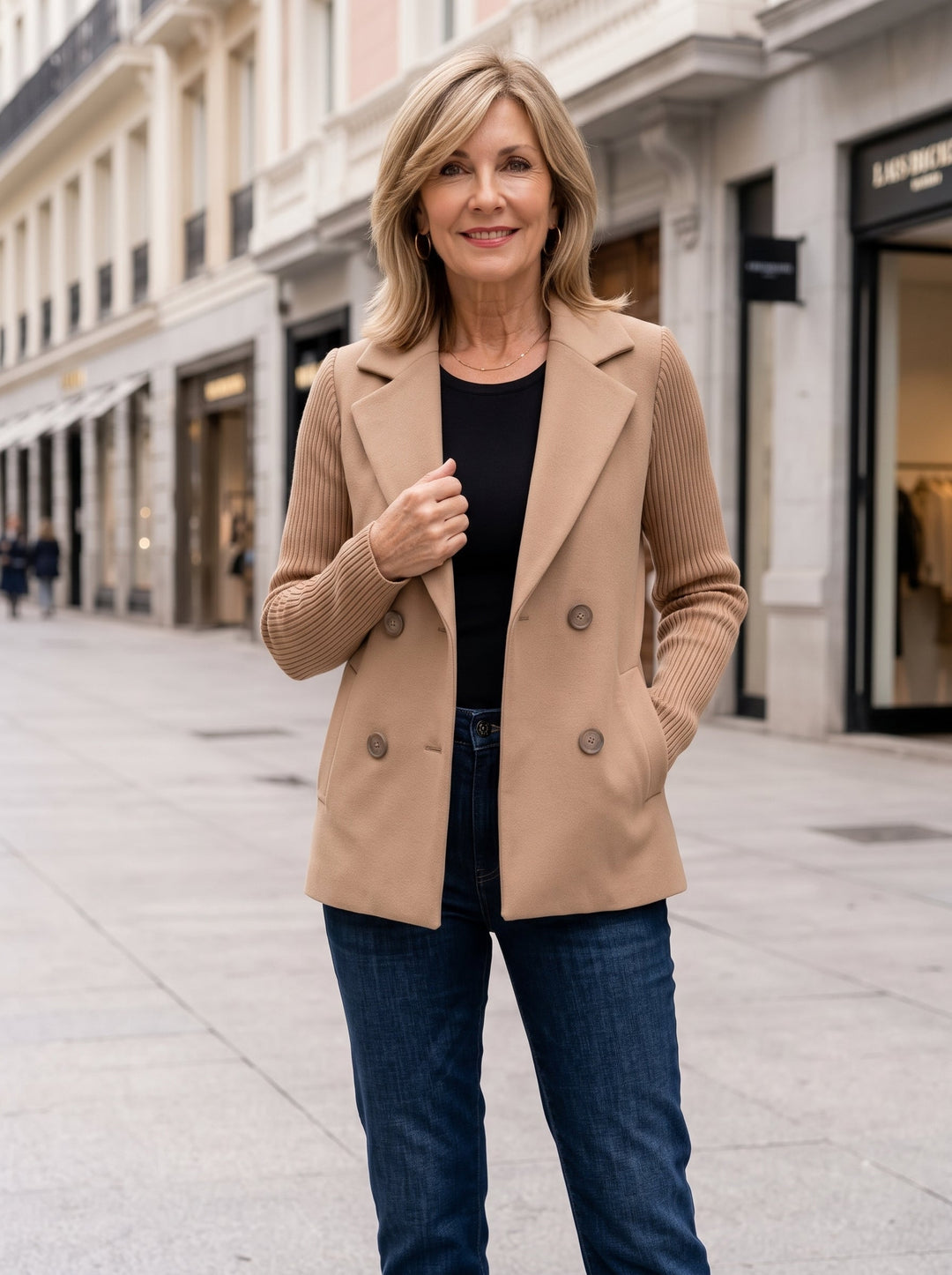 Novana - Blazer With Ribbed Sleeves and Lapel Collar
