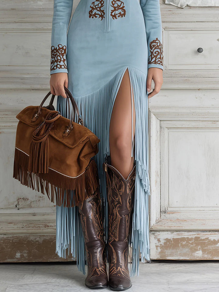 Enaida - Embroidered Faux Suede Maxi Dress with Half Zip