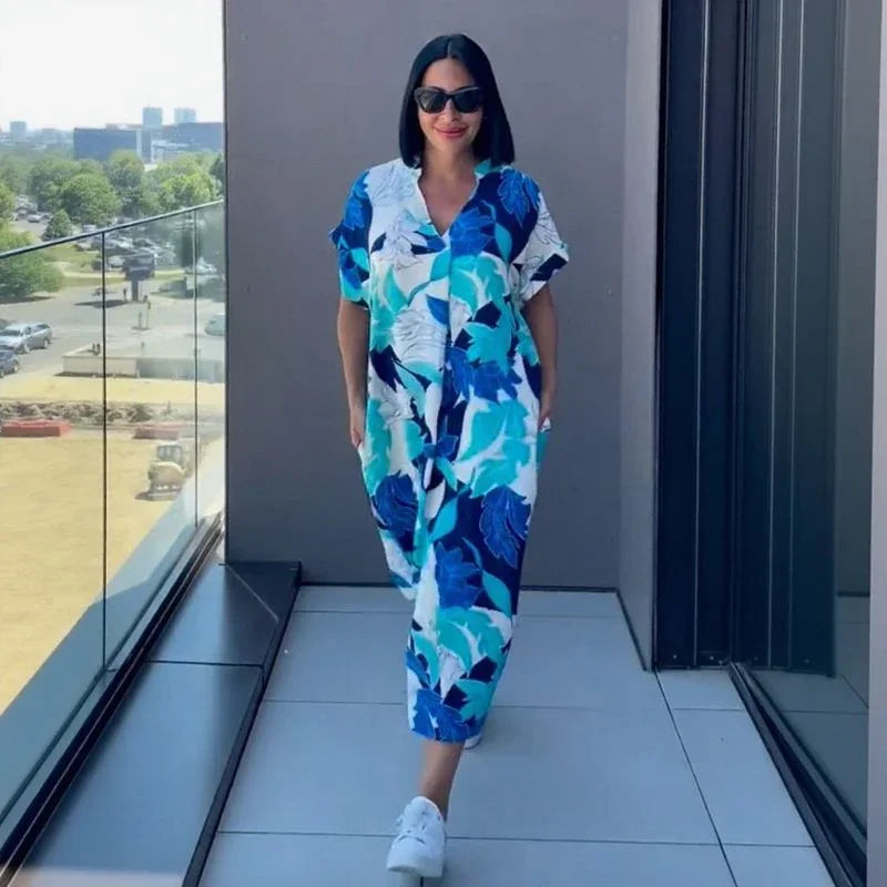 Gayathri - Chic Floral Print Maxi Dress With V-Neck