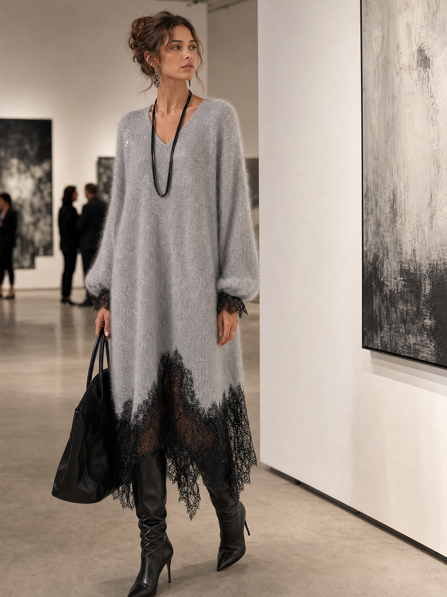 Amalosandra - Knit Midi Dress With Lace