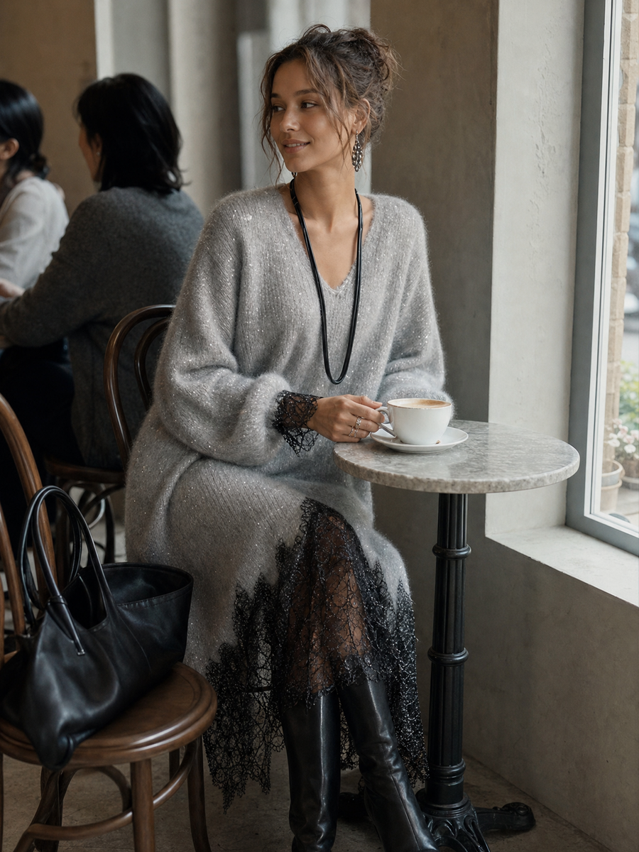 Amalosandra - Knit Midi Dress With Lace