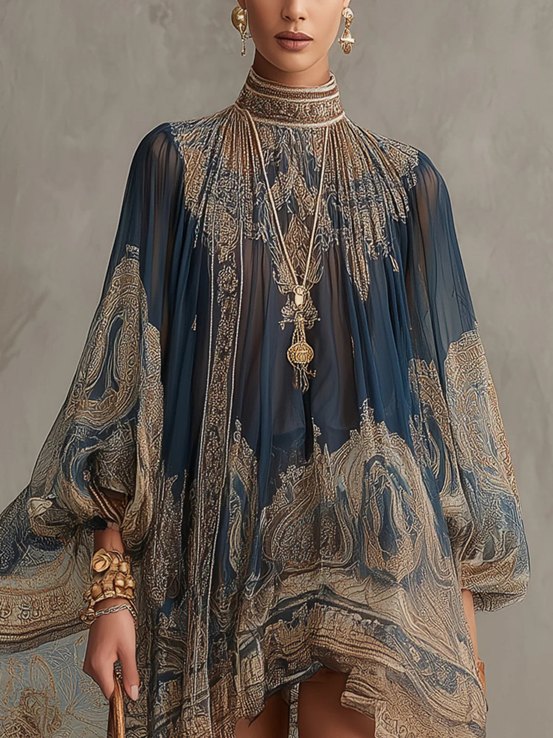 Rhean - Chiffon Mini Dress With Gold Baroque Print