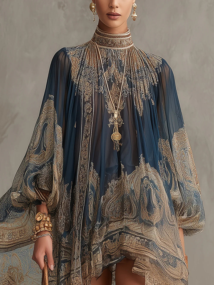 Rhean - Chiffon Mini Dress With Gold Baroque Print