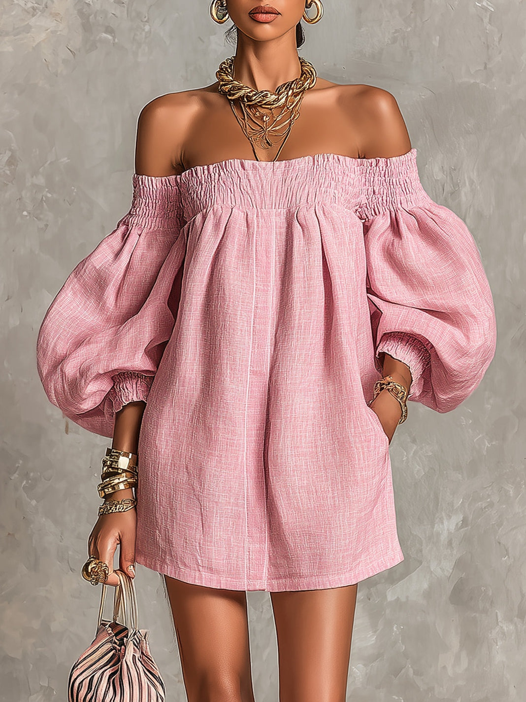 Avelira - Off-Shoulder Lantern Sleeve Mini Dress
