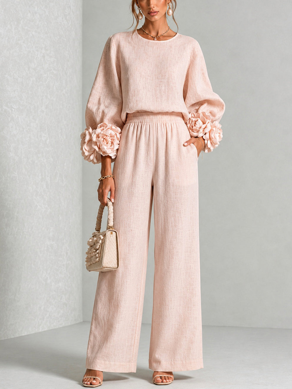 Renaella - Top and Pants Set With Floral Cuffs