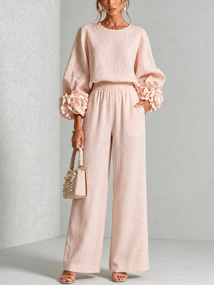 Renaella - Top and Pants Set With Floral Cuffs