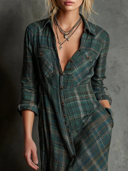 Jaelyn - Maxi Dress With Green Checked Lapels