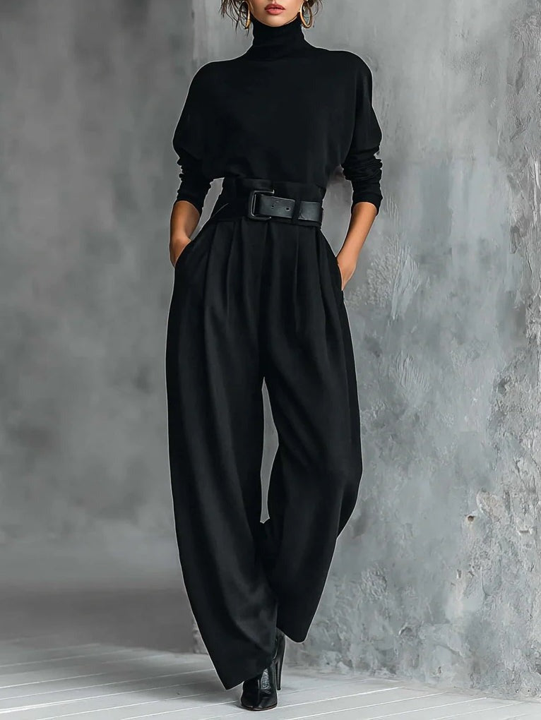 Laurira - Turtleneck Wide Leg Belted Jumpsuit