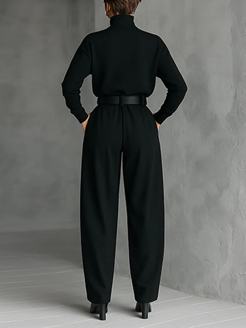 Laurira - Turtleneck Wide Leg Belted Jumpsuit