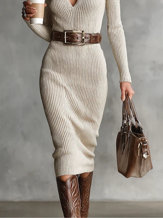 Kenadie - Knit Dress with High Neck and Belt