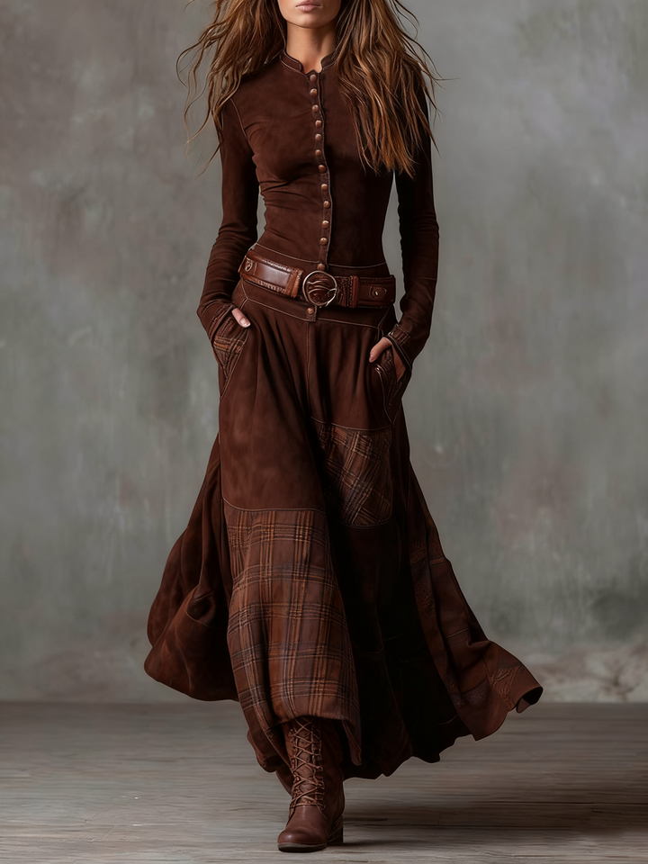Fringilla - Long Vintage Plaid Suede Dress