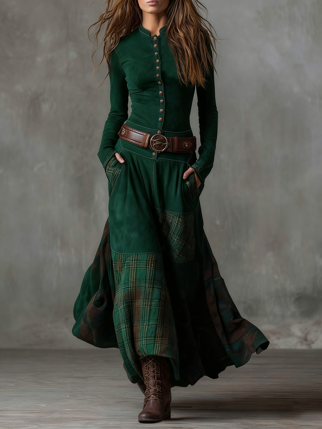 Fringilla - Long Vintage Plaid Suede Dress