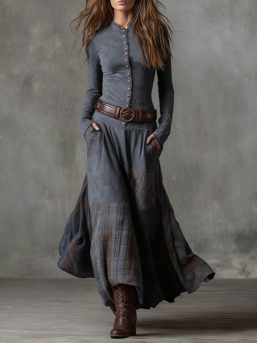 Fringilla - Long Vintage Plaid Suede Dress