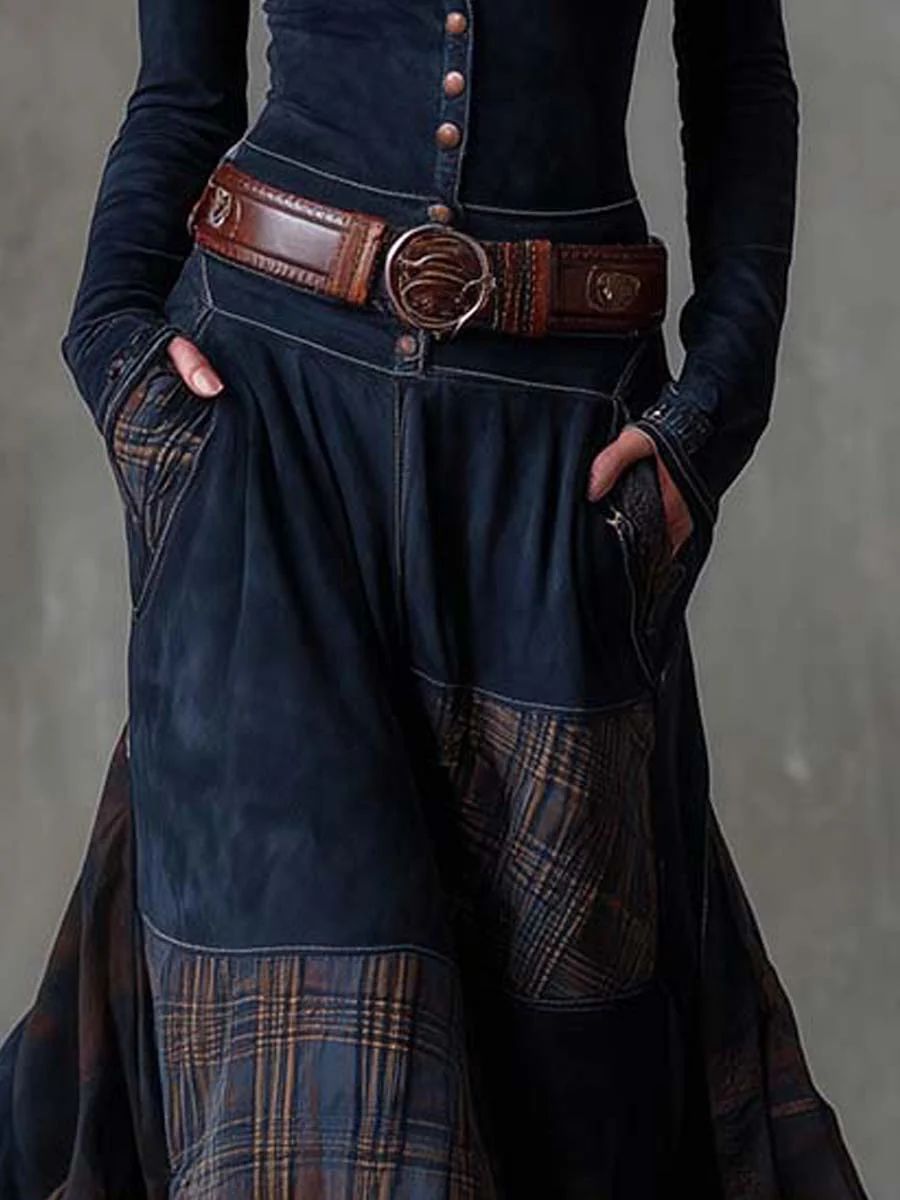 Eleza - Checked Suede Maxi Dress With Belt