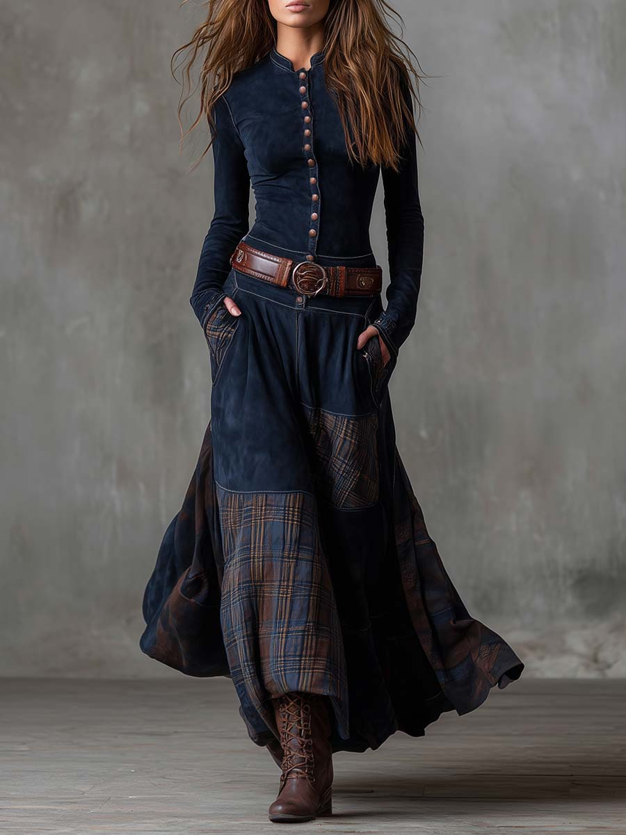 Fringilla - Long Vintage Plaid Suede Dress