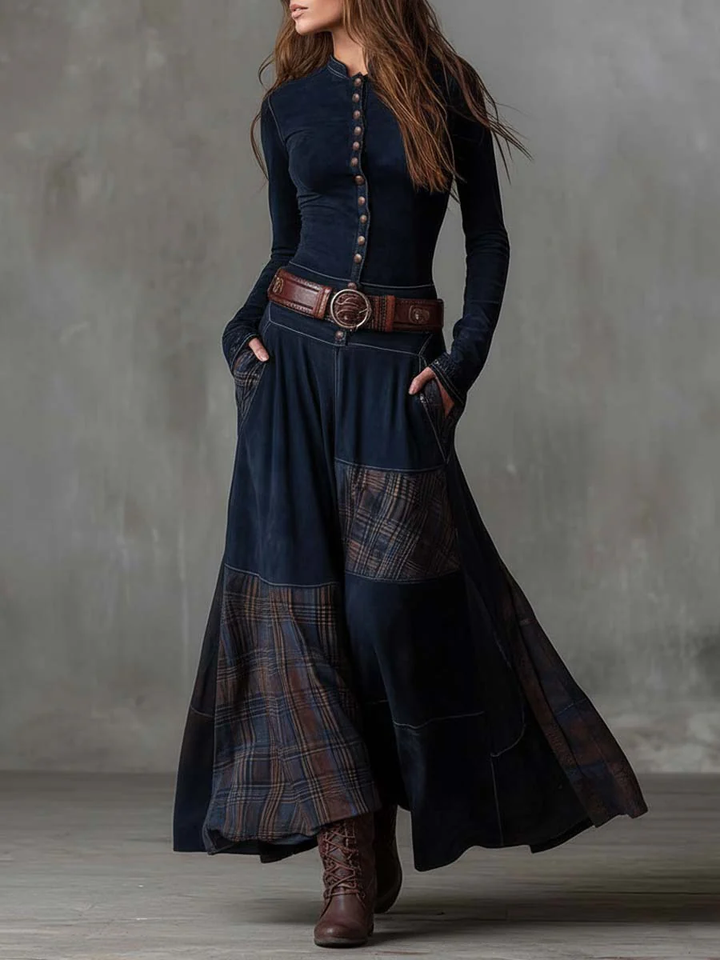 Eleza - Checked Suede Maxi Dress With Belt