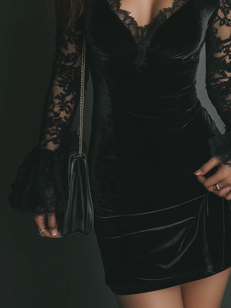 Fiziana - Velvet And Lace Mini Dress