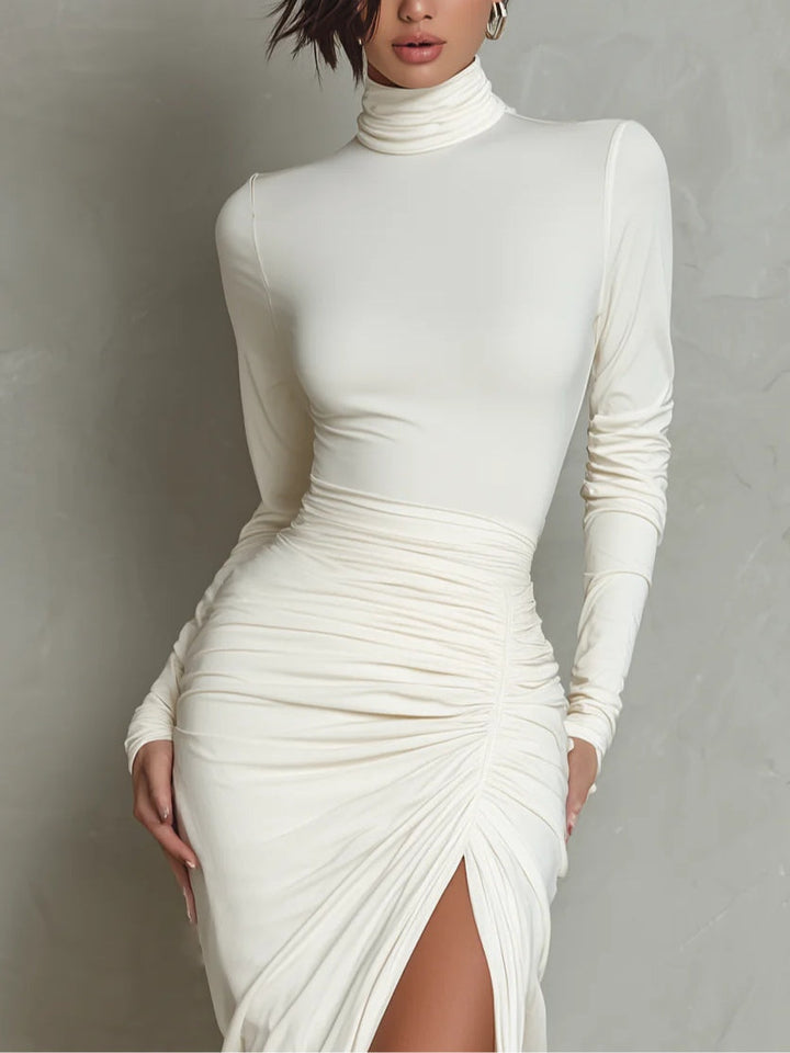 Yovara - Pleated Midi Dress with High Neck and Long Sleeves