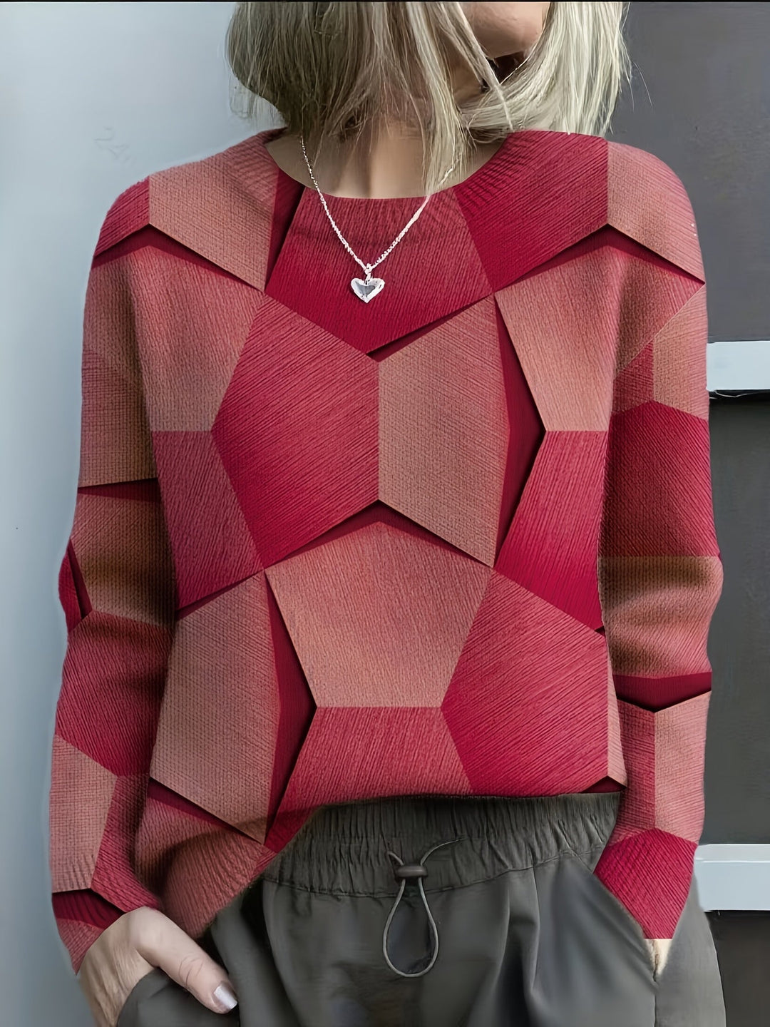 Bravina - Knitted 3D Geometric Print Sweater