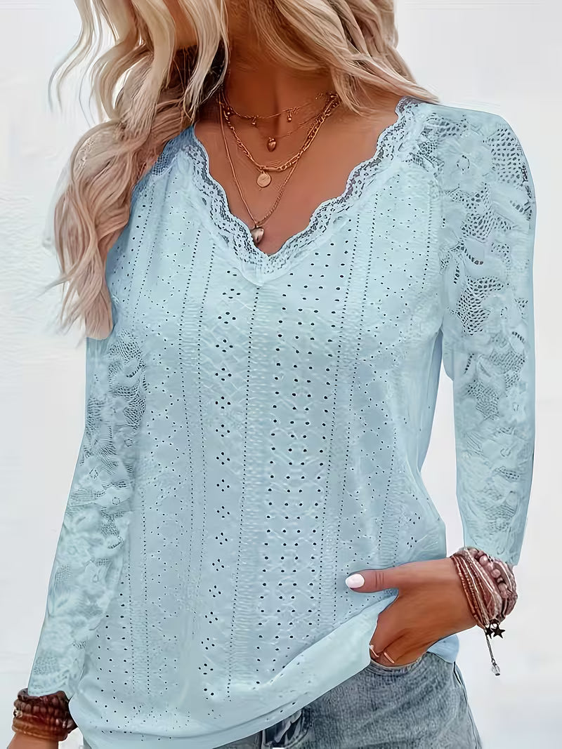 Shaleva - Stylish Long Sleeve Shirt With Lace V-Neck